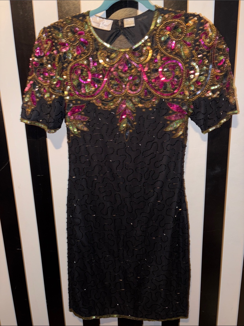 Laurence Kazar Black Silk Mini Dress with Pink & Gold Full Sequin Embroidery 2/4
